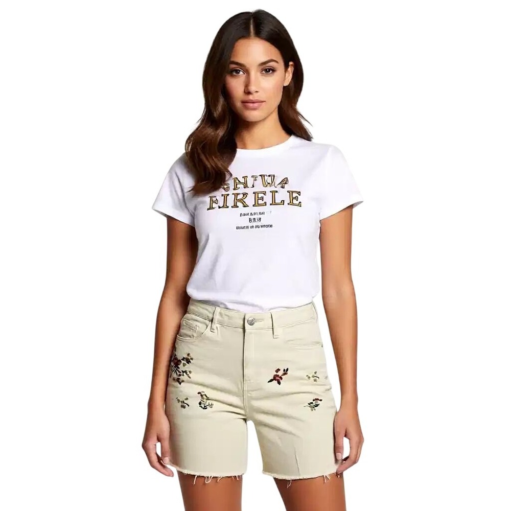 NEW MAX Women's Beige Floral Embroidered Denim Shorts Raw Hem Size 6‎ NWT